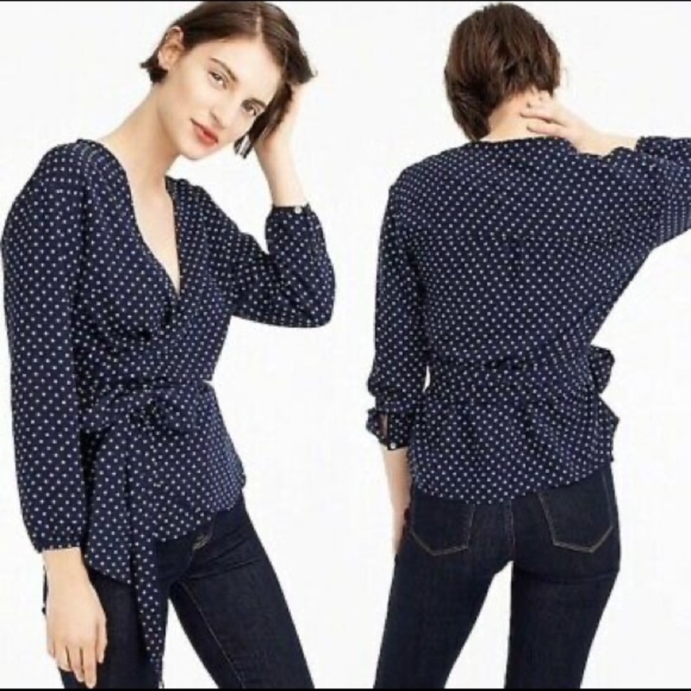 J Crew Navy Foulard Floral Wrap Blouse sz S